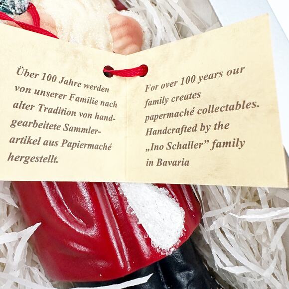 Ino Schaller Bayern paper mache Santa Claus red coat flocked tree 10" tall box - Picture 11 of 11